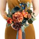 Ling's Moment Artificial Flowers Teal Bridesmaid Bouquet, Burnt Orange Wedding Flowers Bouquets for Bridesmaids, 7 Inch Bridal Bouquets for Bridesmaids, Wedding Decor, Ceremony, etc.