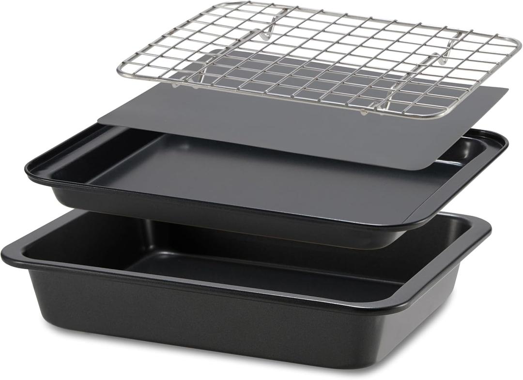 Checkered Chef Toaster Oven Pans - 5 Piece Nonstick Bakeware Set Includes Baking Trays, Rack and Silicone Baking Mats - Best Accessories For Toaster and Convection Ovens