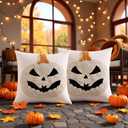 Tosleo Halloween Throw Pillow Covers 18x18 Set of 2 Beige Smiley Face Pumpkin Embroidery Pillow Cases Thanksgiving Home Party Fall Decor Bat Pillowcases Cushion Covers for Sofa Bed Couch