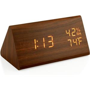 OCT17 Wooden Alarm Clock, Smart LED Digital Clock for Bedroom/desks, Upgraded with Time Temperature, Adjustable Brightness and Voice Control, Humidity Displaying - Brown