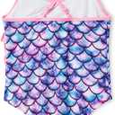 Dvenki Girls One Piece Swimsuit - Adjustable Strap, Checked Face & Mermaid Print Toddler Ruffle Bathing Suit Size 2T-10