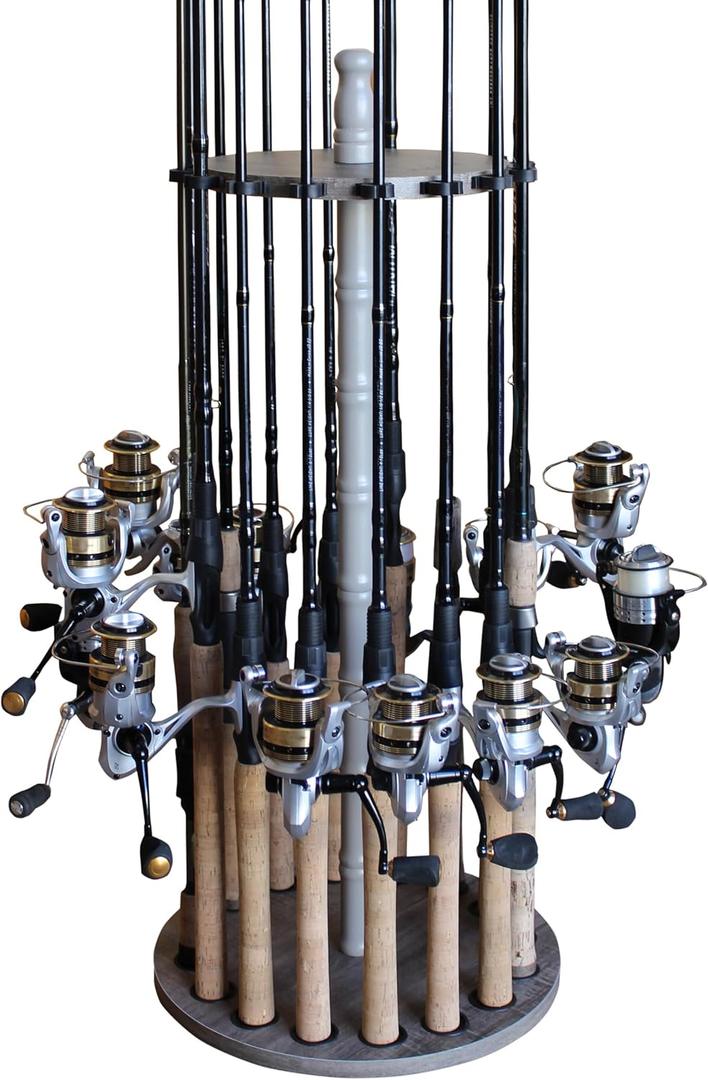 Rush Creek Creations | 16 Rod Fishing Pole Holder for Garage Organization, 360 Access (One size, Barn Wood)