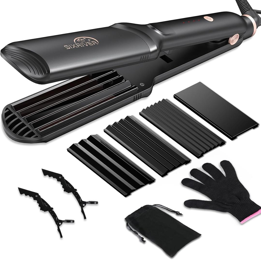 Hair Crimper for Women - Ceramic Waver Hair Tool with 4-in-1 Flat Crimping Iron Plates, 15s Fast Heating, Volumizing Hair Crimper, for All Hair Types - Black