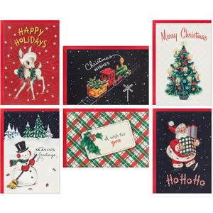 Hallmark Vintage Christmas Card Assortment (36 Cards and Envelopes) Retro Santa, Toy Trains, Snowmen, Trees