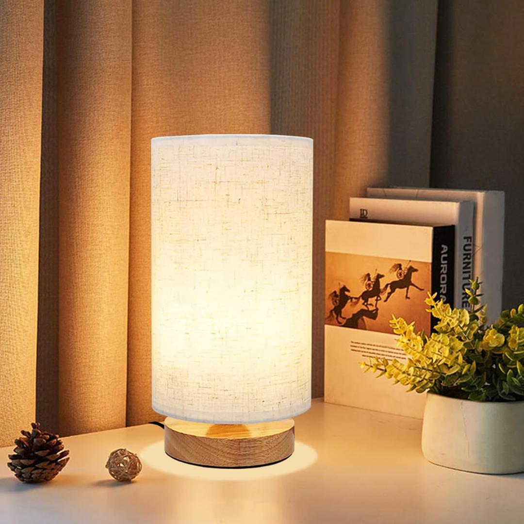 Small Bedside Table Lamp for Bedroom, Minimalist Wood Base & Round Fabric Shade, Mini Cute Cozy Warm White Nightstand Boho Lamp, Study Desk Night Stand Light for Room, Dorm, Nursery, Living Room (Round - Set of 1)