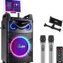 Moukey Karaoke Machine, 10" Woofer Portable PA System, Bluetooth Speaker with 2 Wireless Microphones, Lyrics Display Tablet Holder, Party Lights & Echo/Treble/Bass Adjustment Support REC/AUX/USB/TF