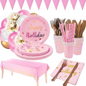 Pastel Pink Birthday Party Supplies Set - Plates, Cups, Napkins, Balloms and Happy Birthday Banner, for 16 Persons, Pattern May Vary