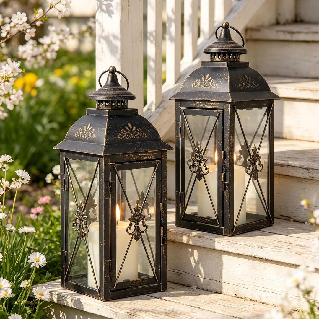 TRIROCKS Set of 2 Vintage Hanging Lantern - 13.5'' Decorative Metal & Tempered Glass Candle Holder - Ideal for Indoor/Outdoor Events, Patio, Garden, Parties Black & Gold Brush Finish