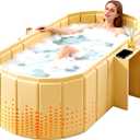 Portable Bathtub for Adult 59" Large Collapsible Cold Plunge Bathtub Foldable No Installation Ice Bath Tub for Shower Stall, Bathroom Hot SPA Soaking Standing Tub (OD 59''Lx42.5''Wx19.7''H,ID 59''Lx24.4''Wx19.7''H, Yellow With storage rack)