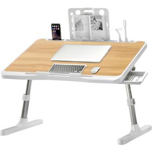 Laptop Desk for Bed, Adjustable Beds Table with USB Charge Port, Foldable Laptop Table with Storage Drawer, Portable Laptop Bed Desk Tray for Eating Working Writing Reading (Yellow)
