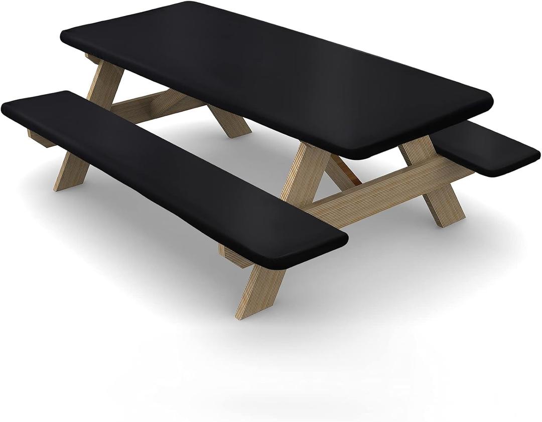 Ruisita 3 Piece Set Picnic Table Cover with Bench Covers Black Vinyl Fitted Picnic Table Covers with Elastic Edges Waterproof Rectangle Patio Tablecloth for Outdoor Camping, 72 Inches