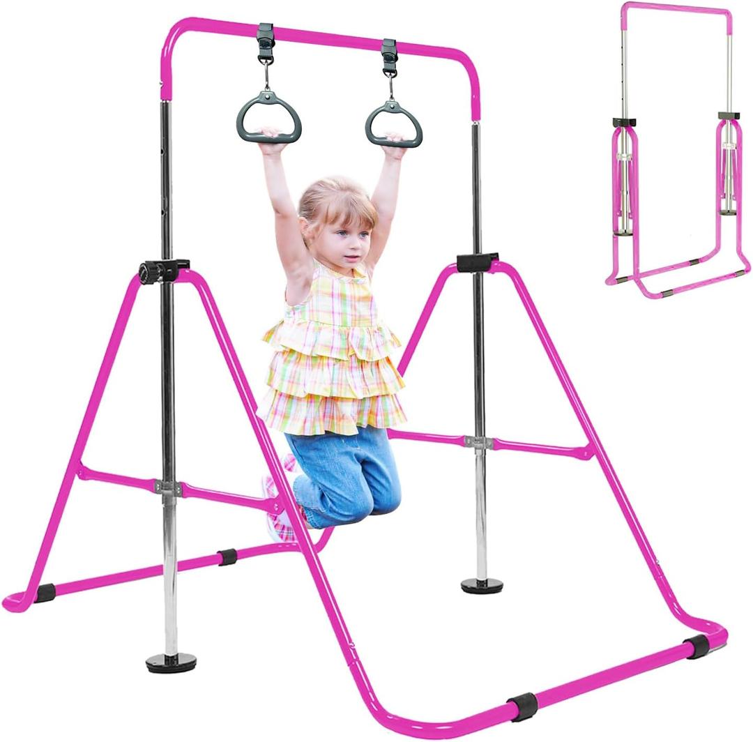 Amrta Foldable Gymnastics Bar with Rings, Adjustable Collapsible Horizontal Training Equipment Set for Indoor Outdoor Home Use Gym Gift in Pink Purple Blue
