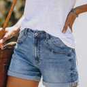 onlypuff Women Jean Shorts Ripped Mid Rise Stretchy Distressed Casual Denim Shorts (Blue)