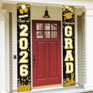 2 x Class of 2026 Graduation Decorations Black and Gold Congrats 2026 GRAD Porch Sign Banner for High School and College Graduation Party Decoration