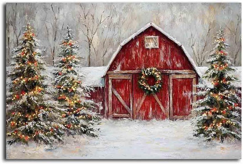 MNFGMH Christmas Farm Red Barn Rustic Holiday Decor Festive Wall Art Farmhouse Winter Landscape Painting Vintage Country Print Xmas Picture Print Gift Canvas Roll 16x24 inch (Color5-Unframed)