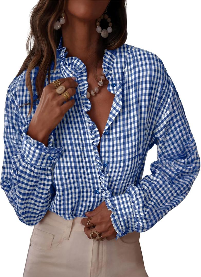 Astylish Womens Plaid Ruffle V Neck Button Down Blouse Casual Long Sleeve Gingham Trendy Tops Work Checkered Shirt (Blue), Size Medium