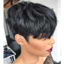Human Hair Short Wigs Pixie Cut Wigs with Bangs Short Black Layered Wavy Wigs for Women 1B Color