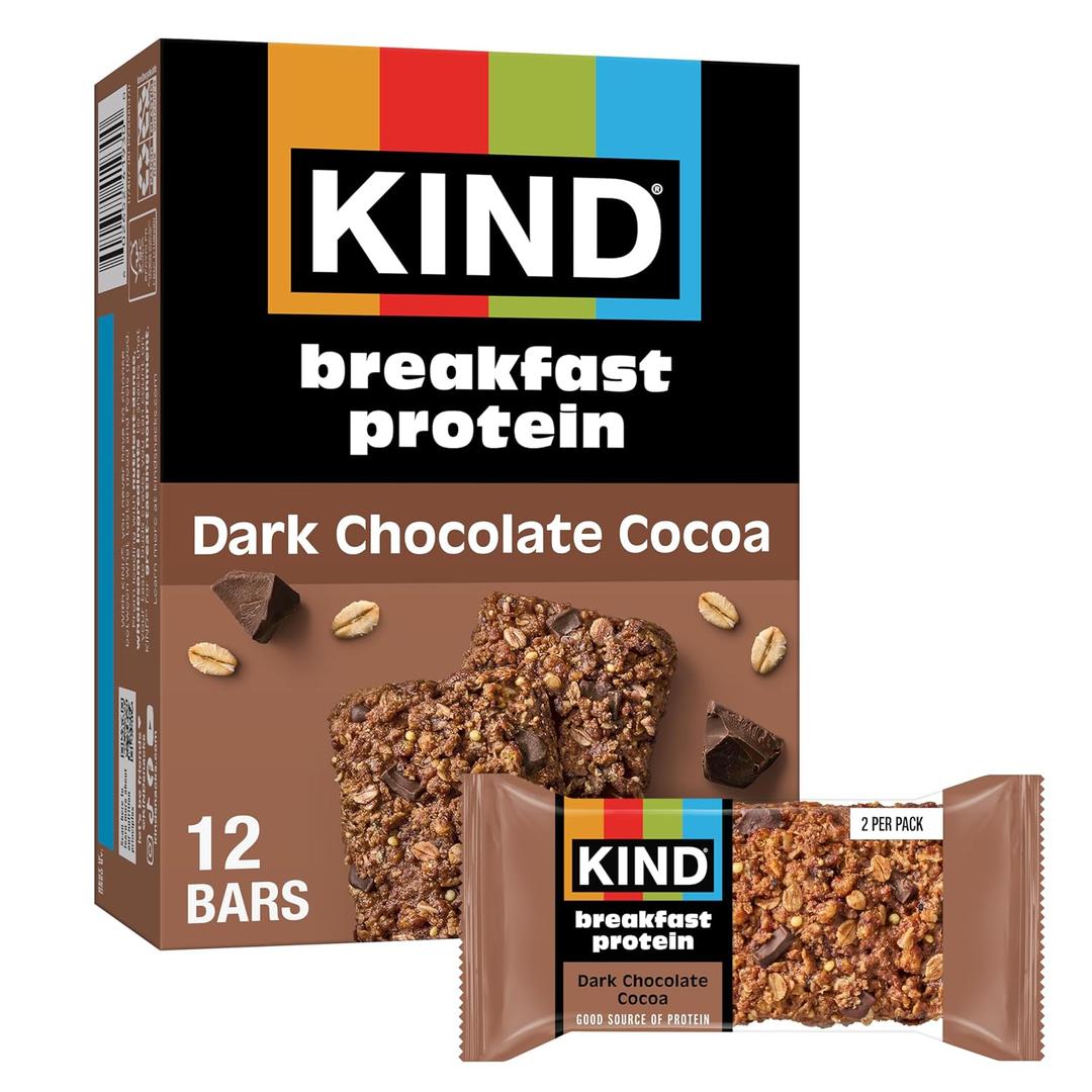 KIND Breakfast Protein Bars, Dark Chocolate Cocoa, Gluten Free, Low Sodium, Healthy Snacks, 8g Protein, 6 Count (6 Packs of 2 Bars), BBD 02/15/2027