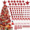 Poen 108 Pcs Christmas Tree Ornament Set Including Xmas Tree Ball Glitter Poinsettia Bows Berries Stems Leaves Snowflakes Ribbon Lights for Christmas Decoration (Red)