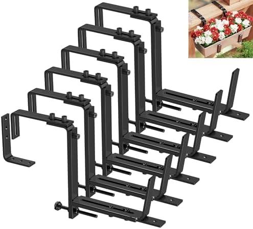 Y&M 6 Pack Deck Railing Adjustable Planter Box Brackets (6 to 12.5 in), Universal Window Box Brackets, Heavy Duty Iron Flower Box Wall Mounting Hooks for Balcony, Fences, Patio, and Garden - Black