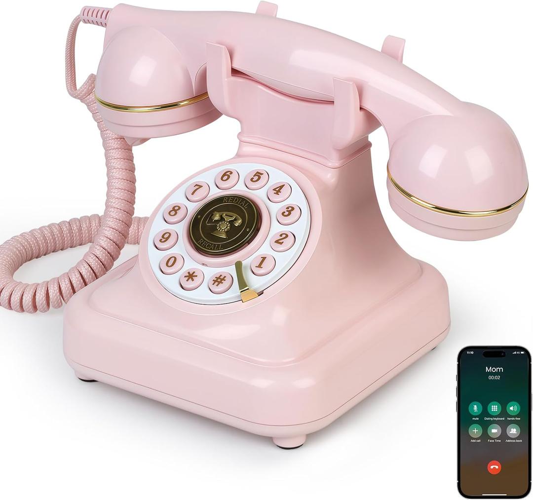 Sangyn Bluetooth Retro Desk Phone with Handset & Speakerphone, Classic Bluetooth Landline Telephone, Bluetooth Home Phone with USB Rechargeable Power, HandsFree Calling & Music Playback, Pink