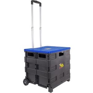 dbest products Quik Cart Collapsible Rolling Crate on Wheels for Teachers Tote Basket, 80 lbs Capacity, Blue Lid Made from Heavy Duty Plastic and used as a Seat