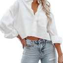 Tankaneo Womens Button Down Cropped Shirts Long Sleeve Casual Crop Tops Solid Lapel Blouse Shirt with Chest Pocket, Medium