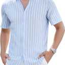 Damipow Mens Linen Shirts Short Sleeve Cotton Striped Button Down Shirt (Blue, L)