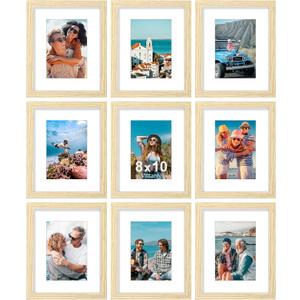 Vittanly 8x10 Picture Frames Set of 9, Shatter Resistant Plexiglass, Display 5x7 Pictures with Mat or 8x10 without Mat, Photo Frames for Wall or Tabletop, Engineered Wood, OAK