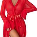 Avidlove Mesh Lingerie Robe Sets for Women Sexy Nightgown Long Sleeve Kimono Ruffle Nighty With Thong (Medium)