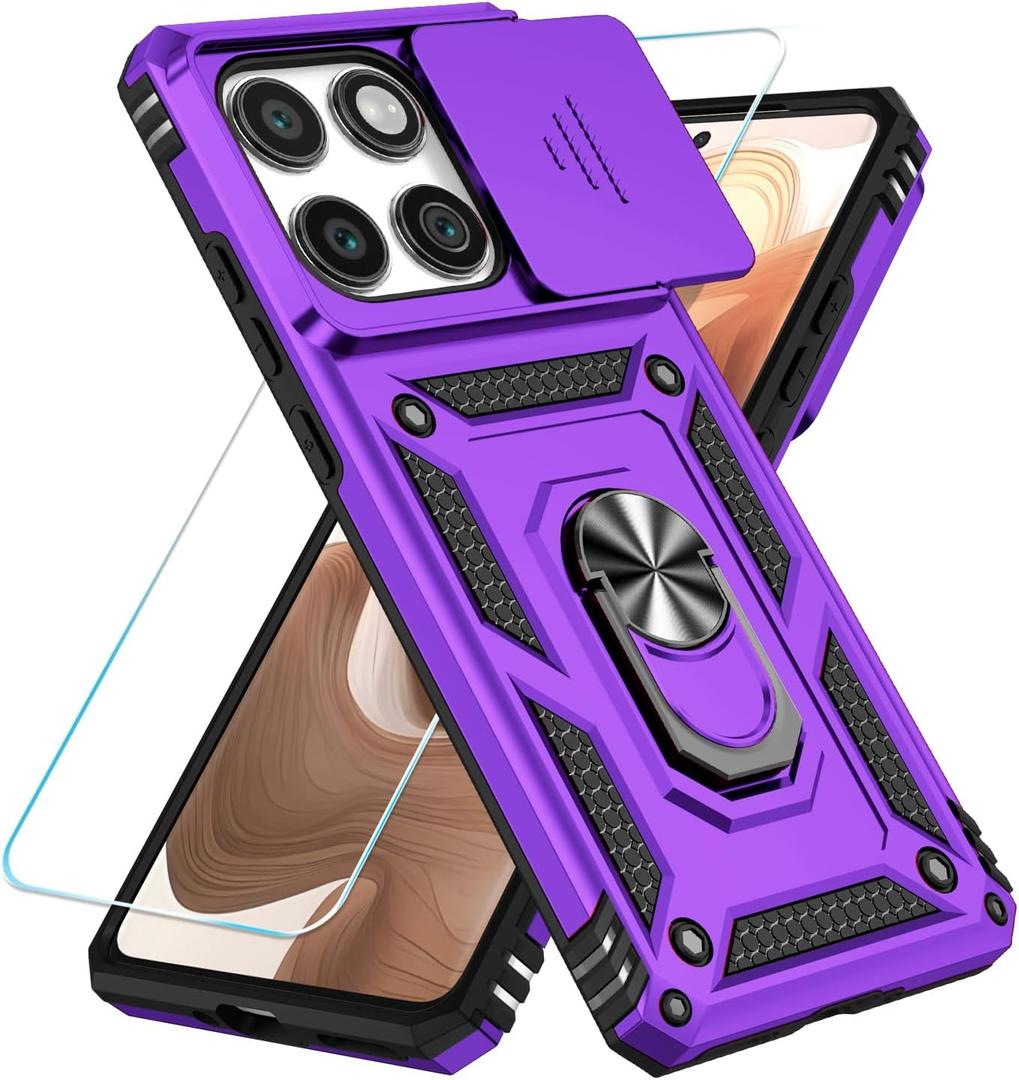 SunStory Compatible with Motorola Moto Edge 2025 Case with HD Screen Protector & Slide Camera Cover & Rotated Ring Kickstand, [Military-Grade] Phone Case for (Purple, Moto Edge 2025)
