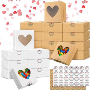 Sinmoe 50 Pcs Valentine Party Favors Gift Boxes Heart Shaped Candy Boxes with Window Bulk Valentines Day Bakery Treats Containers Kraft White and Brown Packaging Cases with Stickers for Wedding