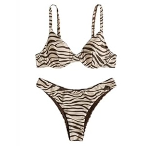 SweatyRocks Women's 2 Piece Swimsuit Zebra Stripe Push Up Bikini Sets (X-Large, Beige and Brown)