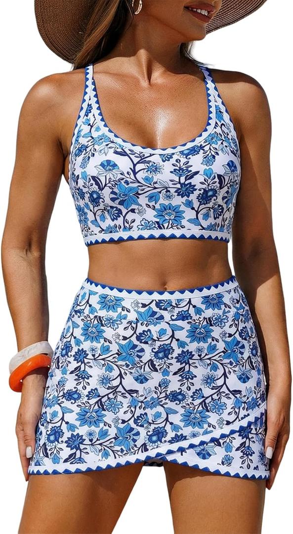 ZAFUL Women Color Block Bikini Set with Wrap Skort Cute Two Piece Swimsuit Bath Suit Summer Beach Swimwear Trendy Outfit, A01 Blue and White, Medium