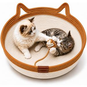 Large Stimulicat Handwoven Cat Basket, Natural Cotton Rope Cat Bed with Hanging Toy Ball, Scratchable & Breathable Cat Basket for Indoor Cats, Foldable Cozy Cat Nest, Interactive Cat Scratcher Bed