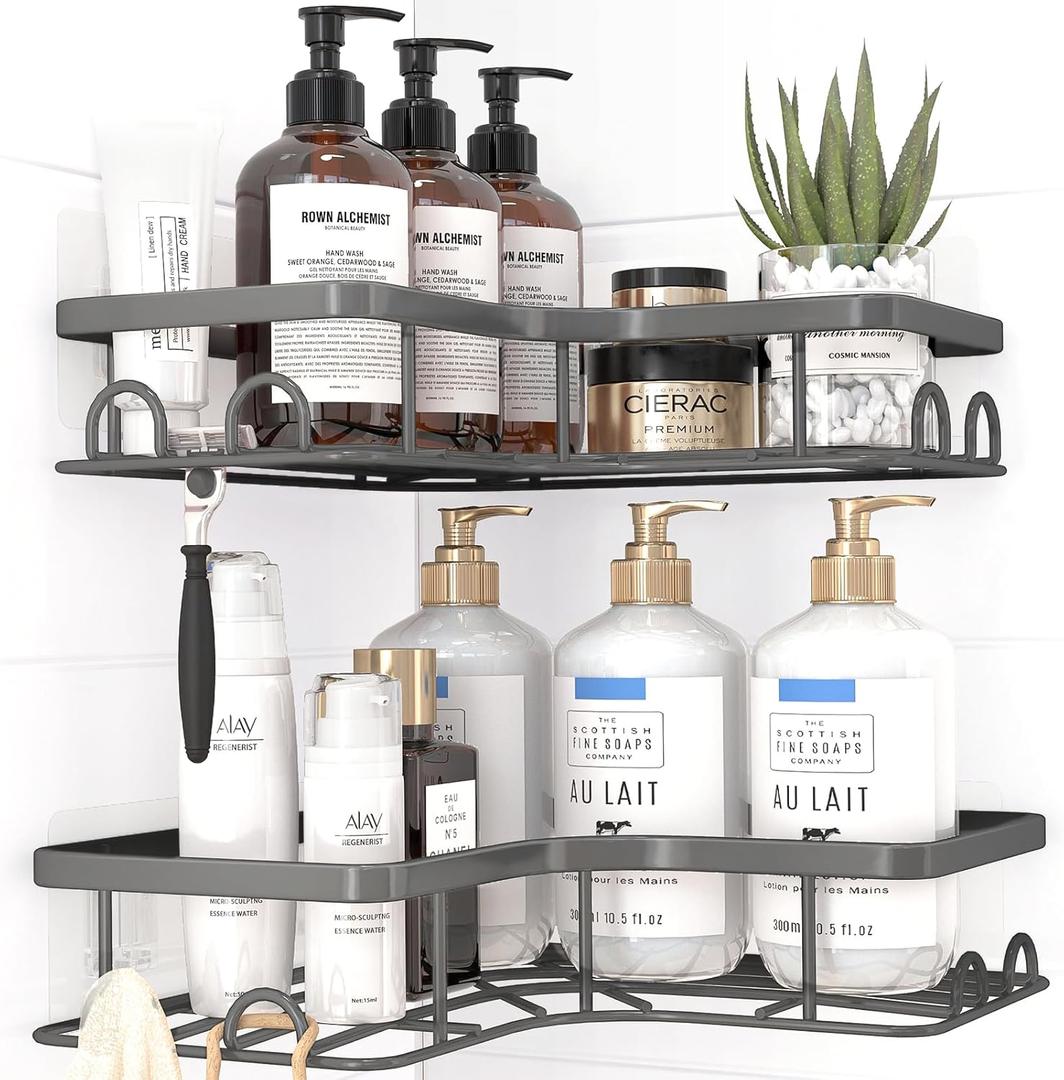 Sakugi Corner Shower Caddy - 2 Pack, Adhesive Shower Organizers, Rustproof Stainless Steel Shower Shelves with 8 Hooks, No Drilling Bathroom Organizers and Storage Racks, Space-Saving, Grey, Medium