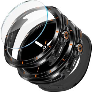 LETOID 3 in 1 Metal Case for Samsung Galaxy Watch 8 Screen Protector 44mm, Stainless Steel Protective Bumper Face, Hard PC Back Cover and 9H Tempered Glass Film for Galaxy Watch8 (Black/Orange)