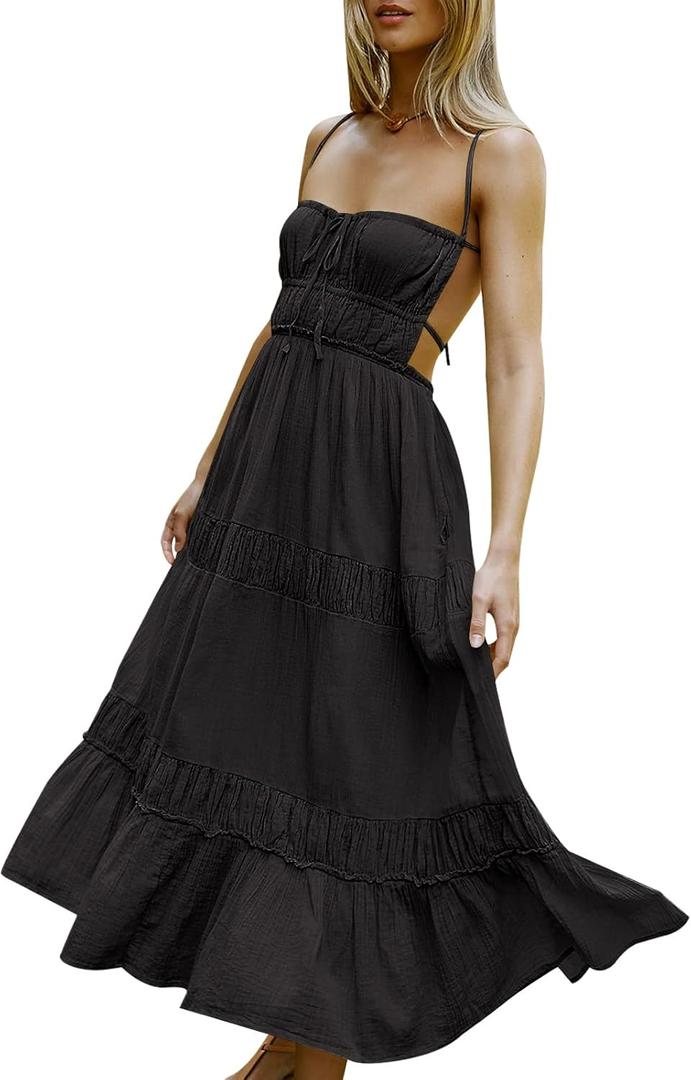 HeSaYep Sexy Dress for Women 2024 Trendy Summer Backless Flowy Dress Spaghetti Strap Maxi Dress, XS