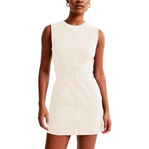 Daacee Womens Sleeveless Bodycon Denim Mini Dress Casual Waist Tucks Zipper Tank Jean Dresses (Small, Creamwhite)