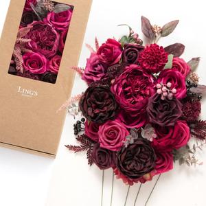 Ling's moment Fake Flowers Box, Faux Artificial Greenery Stems Foam Roses Berry Silk Peony Eucalyptus Fabic Flower for Centerpieces Bouquet Wedding Vase Decorations, Magenta & Hot Pink, Deluxe Combo
