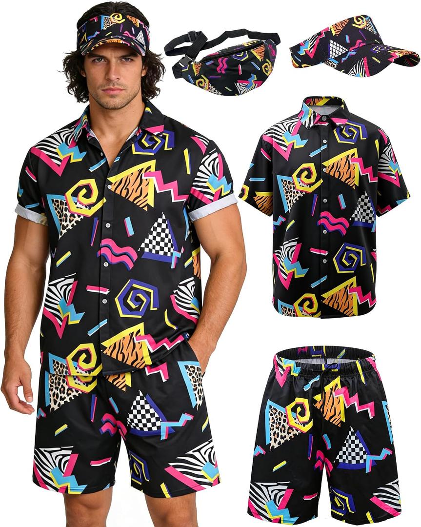 kasahara 80s 90s Outfit for Men Hawaiian Shirt and Shorts Set Mens Summer Beach Vacation Disco Party Outfits with Visor Waist Bag (Black, 2XL)