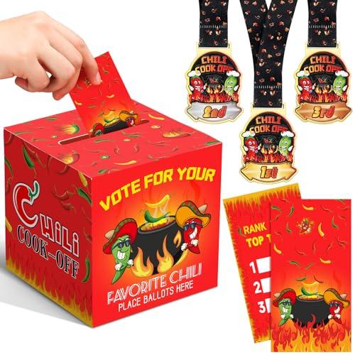 Sinload 64 Pieces Chili Cook Off Contest Ballot Box with 60 Voting Cards and 3 Trophy Award Sashes for Chili Off Award Party Supplies Decorations Cook Chef Contest Prizes (Red)
