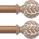 Boho Wood Curtain Rod 36-91 Inch, Decorative 1 Inch Rustic Farmhouse Window Treatment Rods, Adjustable Heavy Duty Curtain Rods for Windows with Handmade Imitation Wood Grain Leaf Finials, White Wood