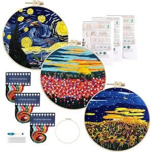 Maydear 3 Sets Embroidery kit for Beginners Adults,Embroidery Kit Punch Needle Kit Cross Stitch Kits with Embroidery Hoop and Instructions,Hand Embroidery Starter Kit