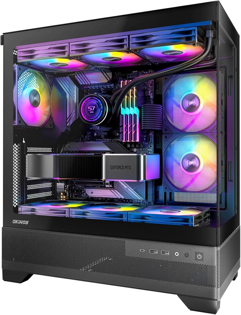 Aqua 7, Pre-Installed 6  120mm PWM ARGB Fan, ATX Mid Tower PC Case, Computer case with Panoramic View Tempered Glass Front & Side Panel, Type C Port, Gaming PC Case, Black
