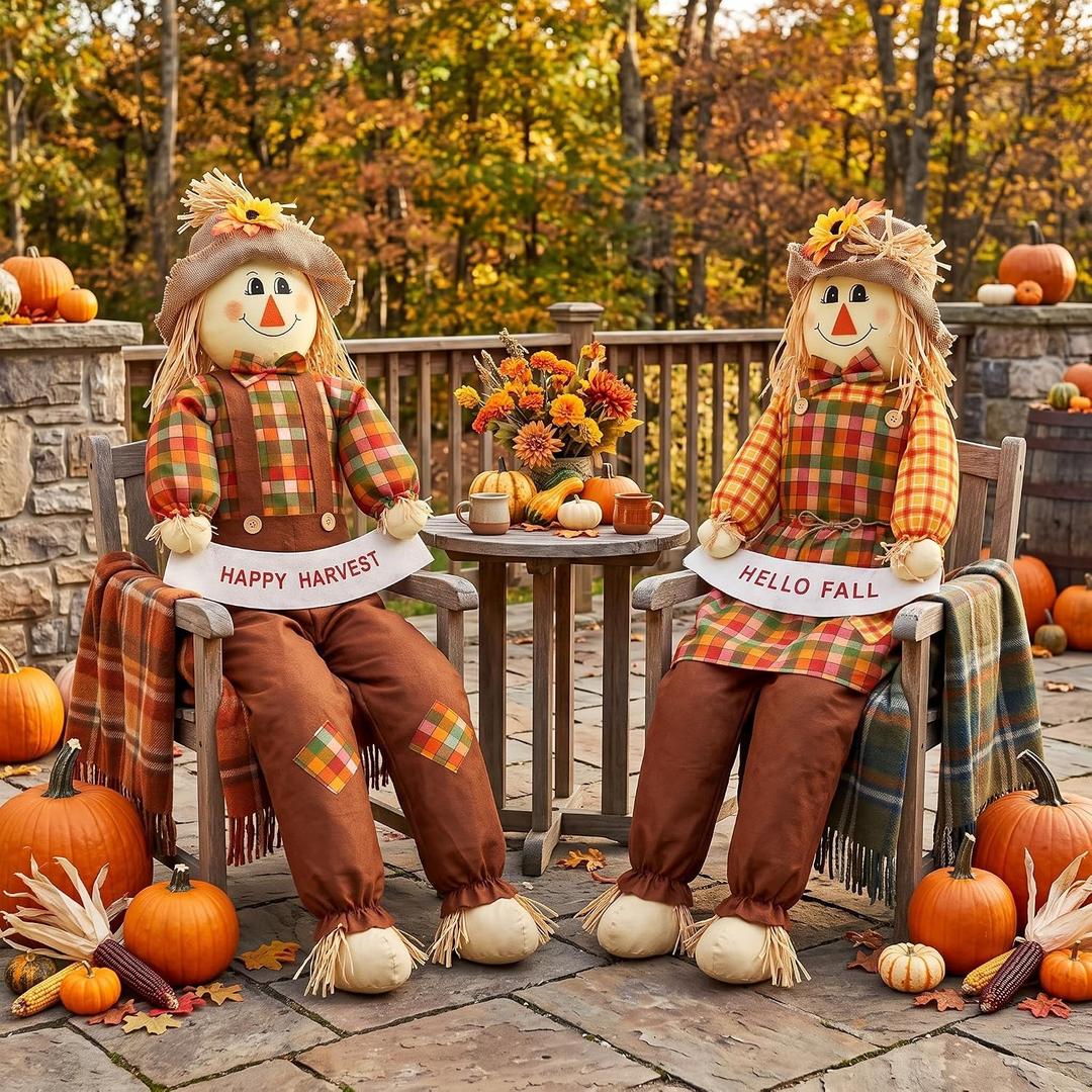 2 Pack 60" Large Scarecrow Thanksgiving Fall Sitting Scarecrow, Adorable