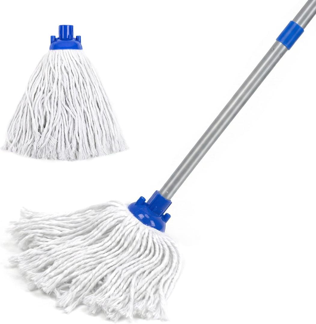 Indoor Mop for Floor Cleaning, Lightweight Cotton Mop with 2 Washable Heads