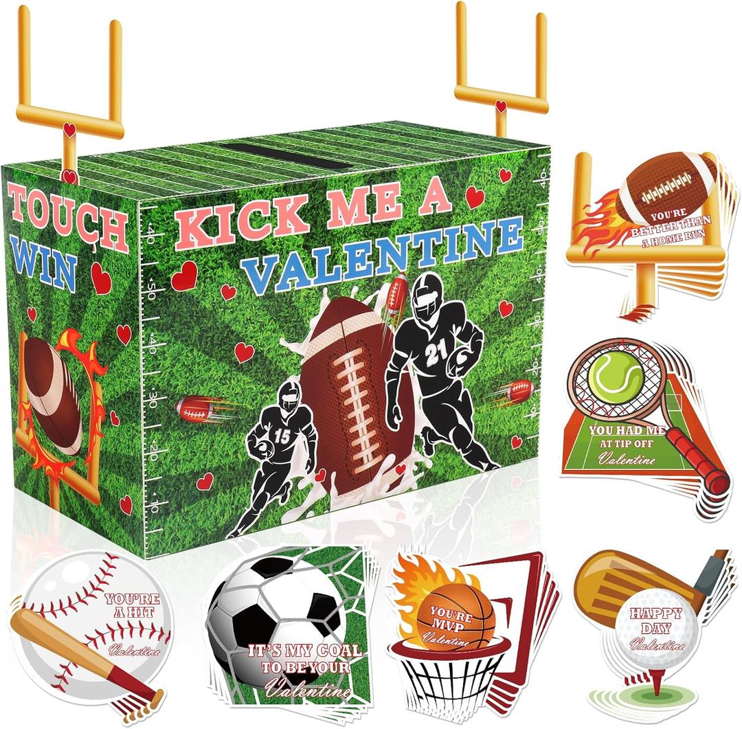 Valentines Boxes for Kids Football Valentine Mailbox Kit with 30 Pcs Football Basketball Baseball Sports Cards for School Classroom Boys Girls Gift Exchange Party Supplies