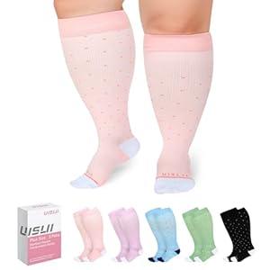 UISLII Plus Size Compression Socks Wide Calf Women Men, 5 Pairs 20-30mmHg Extra Width Calf Viscose Knee High Compression Socks for Circulation Support(Black+Light Blue+Pink+Purple+Green-XL)
