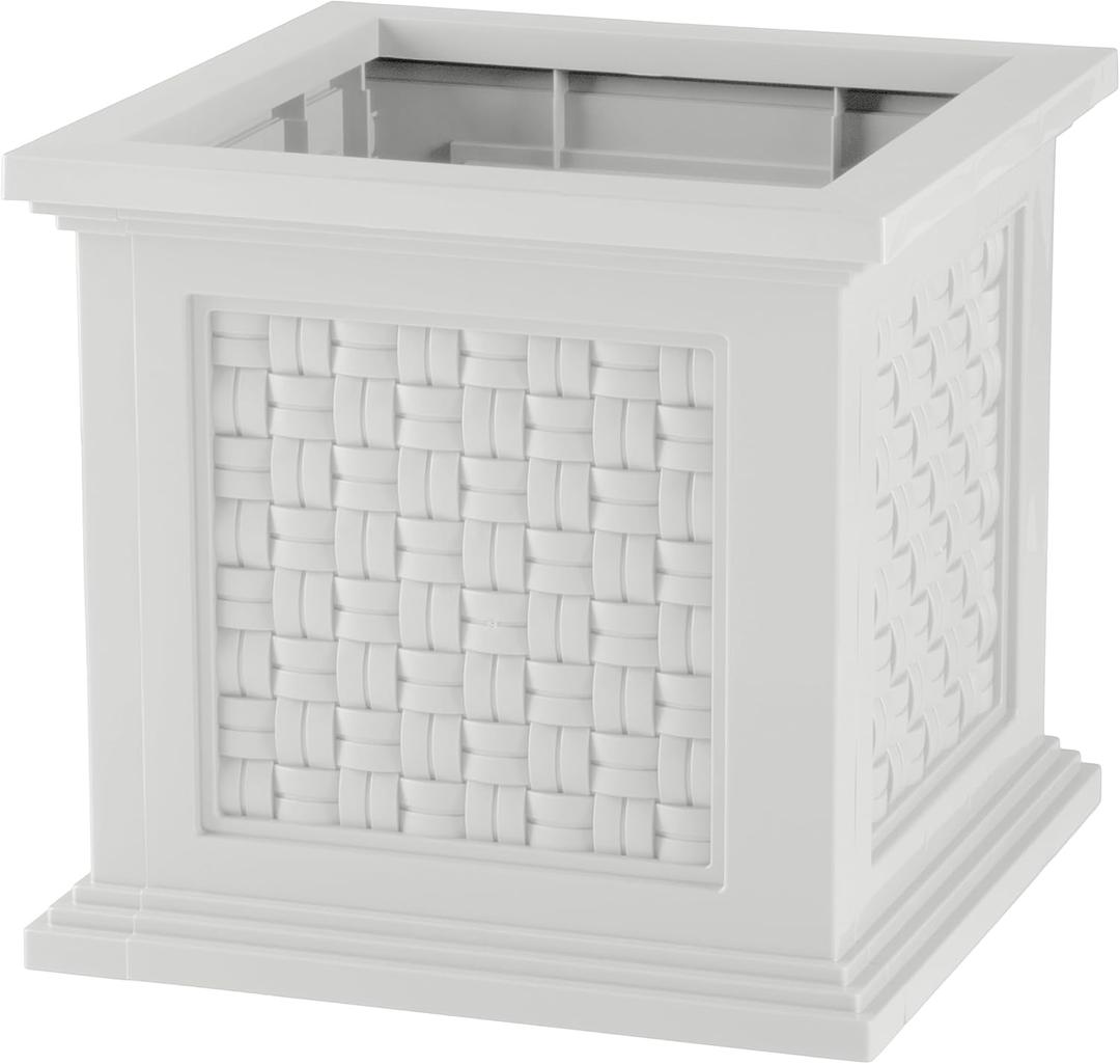 Rattan Style Outdoor Planter Box - 14.65-Inch-Square Decorative Flower or Plant Pot - Garden, Patio and Front Porch Decor by Pure Garden (White)
